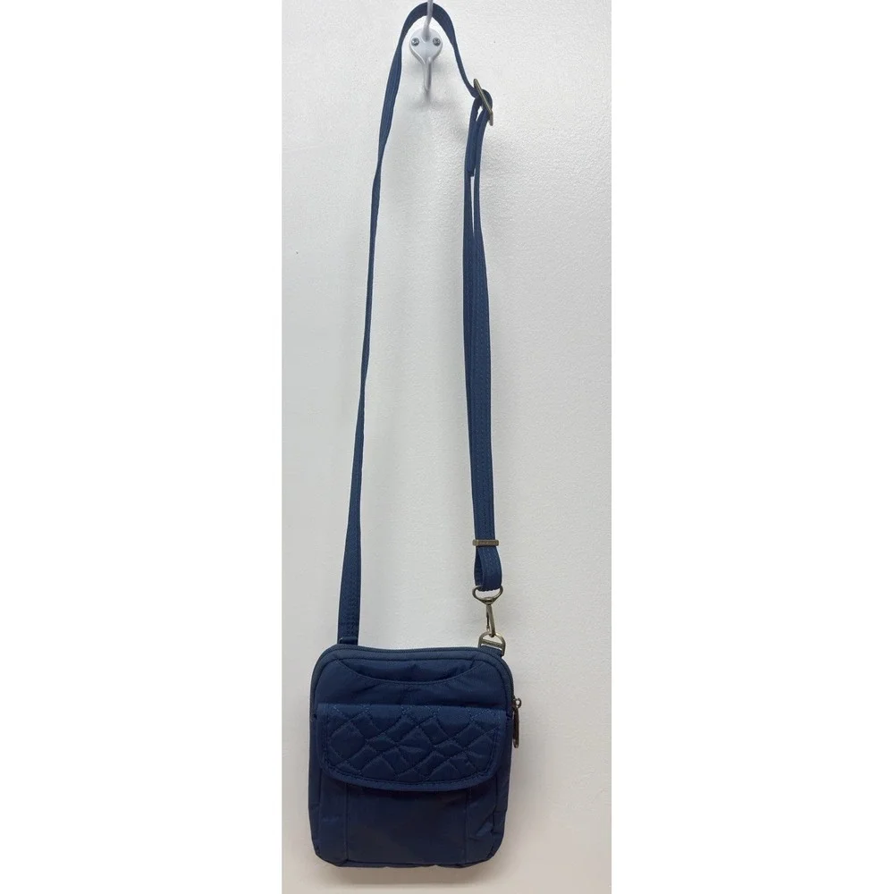 Travelon Anti-Theft Quilted‎ Signature Slim Pouch Crossbody Bag Blue Purse #43